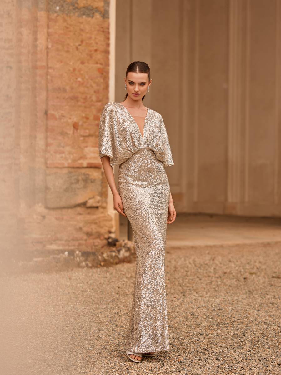 Robe de cocktail longue fluide à sequins gold